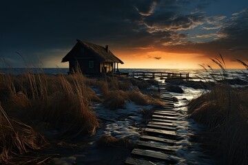 Seaside Cottage at Sunset with Dramatic Sky.  - obrazy, fototapety, plakaty