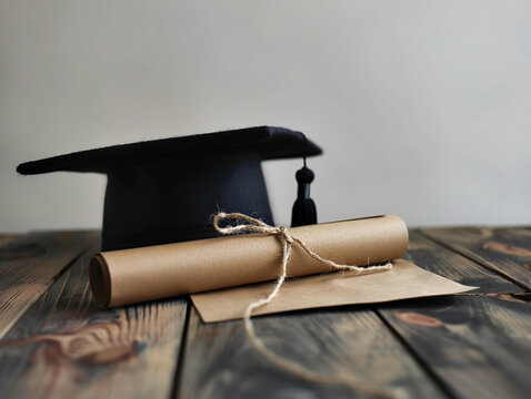 Graduation academic hat and a certificate on a table 