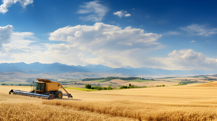 Harvesting golden wheat in vast farmlands under serene sky