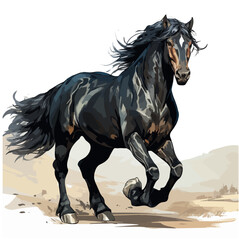 Oil painting Painting of a black horse in motion, isolated on a white background, Drawing clipart, Illustration & Vector, Graphic.