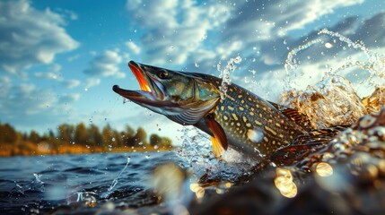 Close up of a large northern pike jumping wildly out of wild water on a summer evening, blue sky, Vibrant spectrum color effect 