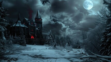photo of a stormy winter night. In the background a dark vampire castle. Background dark red and black, hopeless  - obrazy, fototapety, plakaty