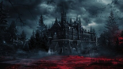 photo of a stormy winternight. In tha background a dark vampire castle. Background dark red and black, hopeless  - obrazy, fototapety, plakaty