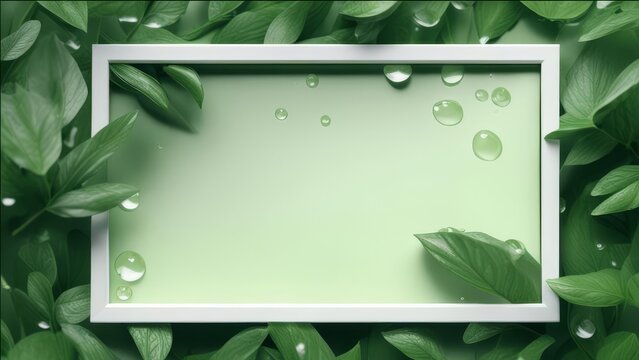 The white frame with a free space inside is surrounded by green abstract leaves and water droplets.