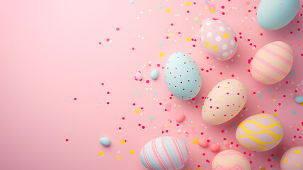 Eggs with a pink background. Eggs come in many colors such as pink, yellow, and blue. The nest is surrounded by branches and flowers, creating a peaceful and natural atmosphere. - Powered by Adobe