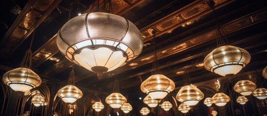 A collection of pendant layer lamps hang from the ceiling, casting a warm glow in a classic hall during the night.