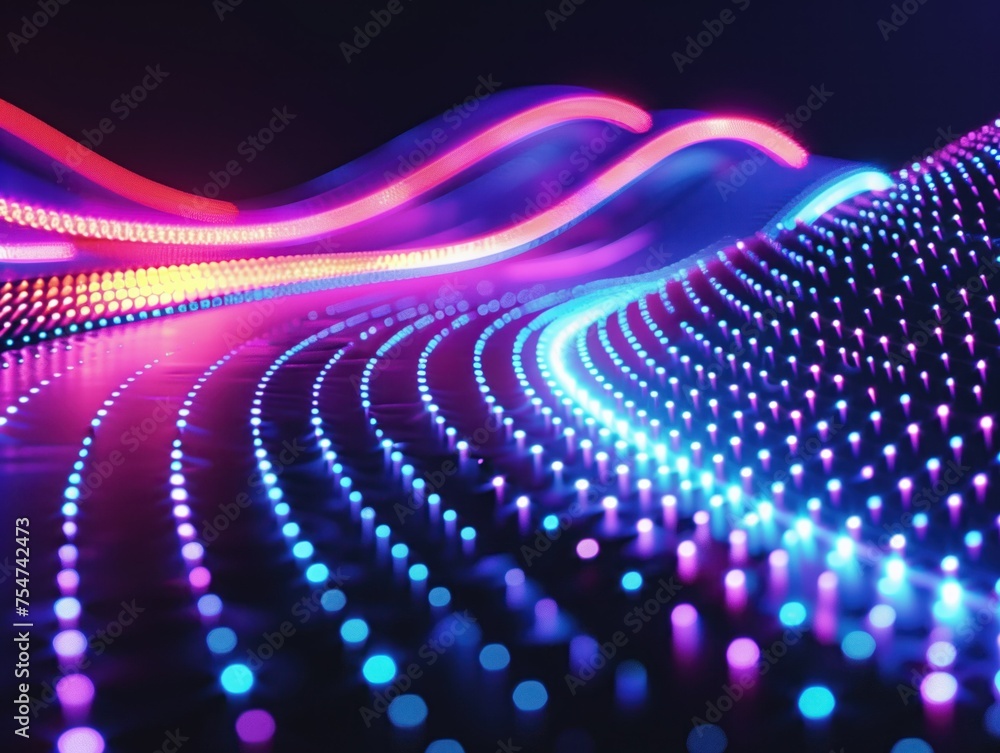 Poster neon wave, digital rhythm, dynamic essence of a digital wave, rendered in vibrant neon colors that r