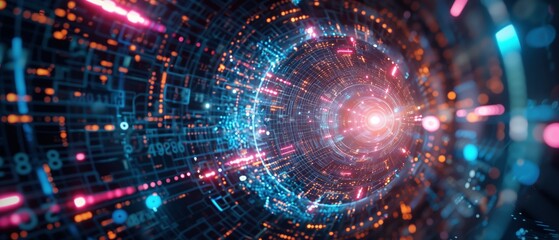 Digital Vortex, The Data Tunnel, a futuristic tunnel of swirling digital data and neon lights, representing the high-speed flow of information through a cybernetic vortex in the digital age.