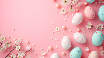 Fototapeta na wymiar Eggs with a pink background. Eggs come in many colors such as pink, yellow, and blue. The nest is surrounded by branches and flowers, creating a peaceful and natural atmosphere.