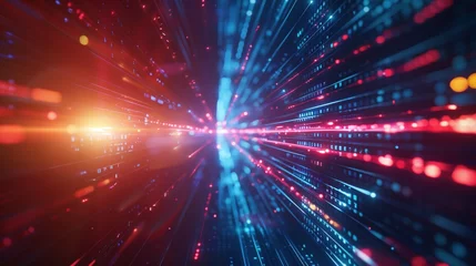 Foto op Plexiglas Speed of Information, Datastream Velocity, high-speed movement of data through a digital tunnel, represented by streaks of red and blue light converging toward a central vanishing point, simulating © auc