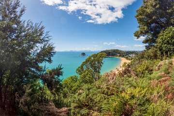 Fototapeta na wymiar Iconic Beauty of Kaiteriteri Beach: A Panoramic View of its Golden Sands and Crystal-Clear Waters, a Beloved Summer Destination in New Zealand