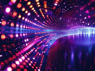 Obraz premium Vibrant Neon Tunnel of Lights, abstract image depicting a tunnel-like perspective of radiant neon lights in pink and blue hues, creating a mesmerizing pattern that gives a sense of dynamic movement an