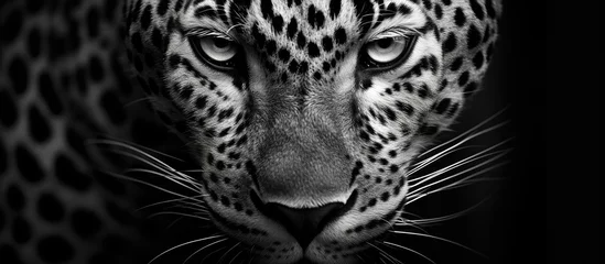 Gordijnen A detailed black and white close up of a leopards intense gaze, showcasing its whiskers, sharp teeth, and distinctive spots. © TheWaterMeloonProjec