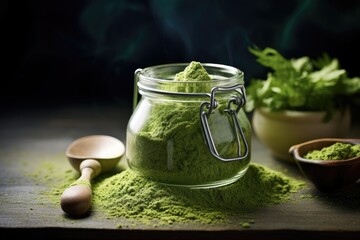 A glass jar filled with bright green matcha powder on a wooden surface on a dark background
