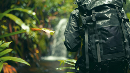 A traveler, wearing a water-resistant backpack, is facing a majestic waterfall in a tropical forest