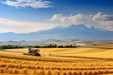 Fototapeta na wymiar Harvesting golden wheat in vast farmlands under serene sky