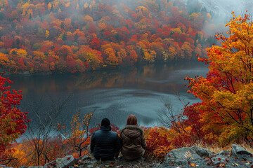 A couple sitting by the water in autumn with the reflection of colorful leaves dancing on the surface of the lake.