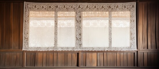 A window with white lace curtains set in a wooden paneled room, showcasing traditional Thai Style architecture. The wood paneling adds depth and warmth to the room, emphasizing a blend of classic and