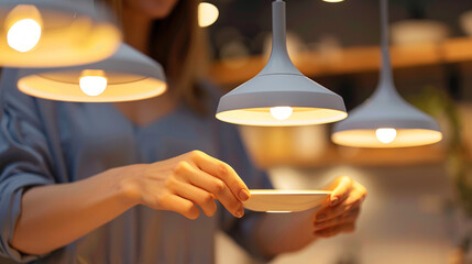 A woman's hands are shown holding a white shallow dish under stylish pendant lighting in a modern setting
