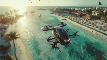 Flying taxi hovering above a scenic coastal town or hotel with turquoise waters, sandy beaches dotted with umbrellas, and palm trees swaying in the breeze, while seagulls glide gracefully overhead