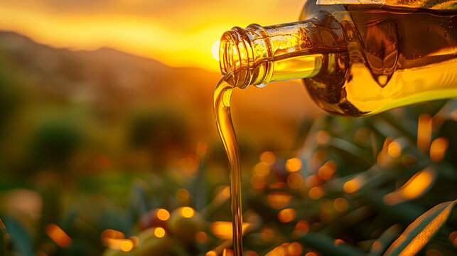 A cascade of golden olive oil pouring into a glass bottle backlit by a sunrise over a mountain range
