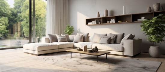 Fototapeta premium A modern living room with a stylish white couch dominating the space. The room also features soft carpet flooring and contemporary interior design elements.