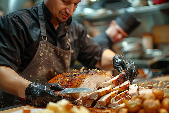 The Thanksgiving turkey is carved by the chef and served at the table.