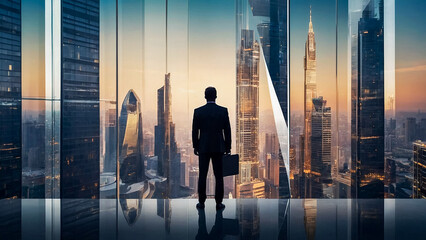 Double exposure. businessman and modern city background - obrazy, fototapety, plakaty