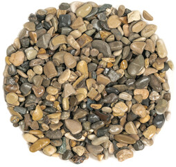 Wet sea pebbles isolated on white background. natural aquarium soil. beach pebbles texture close up