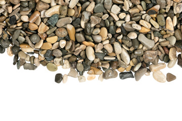 Wet sea pebbles isolated on white background. natural aquarium soil. beach pebbles texture close up