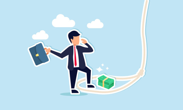 Money traps exploit greed, posing threats like fraud, attacking victims, leading to financial or investment concept, greed businessman try to step into tricky rope trap to get money banknotes bundle.