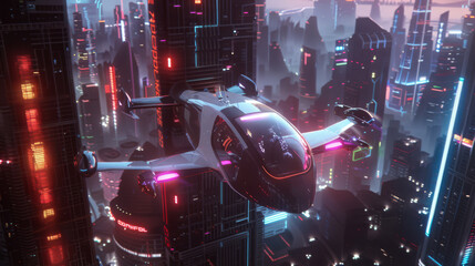 Innovative flying taxi soaring above a modern city with skyscrapers towering below and neon lights illuminating the bustling streets