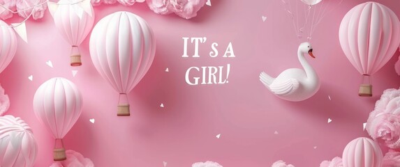 Baby shower template for girl. Its a girl baby shower invitation with lettering. Cute cartoon style baby girl with a hot air balloon, rainbow, toys, sun and clouds