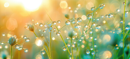 Morning dew on fresh spring grass with golden sunlight. Nature's tranquility.
