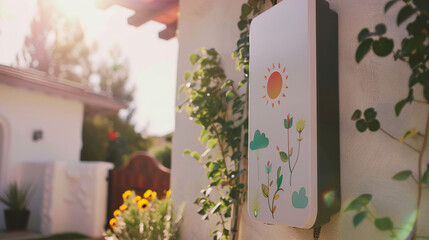 Battery with cute decals on sunny house wall, near flower pots. Battery with leaf stickers makes home energy fun, great for environment.