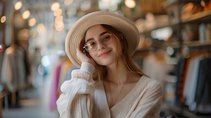Elegant woman in a hat smiling inside a boutique. fashion and lifestyle. casual summer style. modern femininity captured in a warm setting. AI
