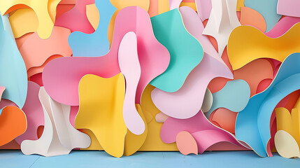Craft an image where playful irregular shapes of varying sizes and hues create a whimsical and...