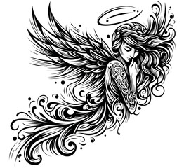 Abstract Drawing of a Girl Angel with Long Hair in the Wind - Black and White Tattoo or Illustration Isolated on White Background, Vector