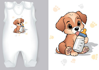 White Baby Rompers with a Cartoon Motif of a Puppy with Baby Bottle - Colored Illustration with Adorable Print Isolated on White Background, Vector