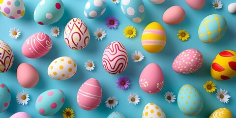 Fototapeta na wymiar Top view photo of spring flowers and multicolored Easter eggs on isolated pastel blue background.