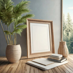 Frame Mockup Design 프레임 목업 ,벽보 액자 , 마루 바닥, 집 배경 인테리어