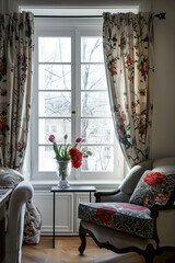 living room window with velvet curtains with floral print, modern interior, cottagecore