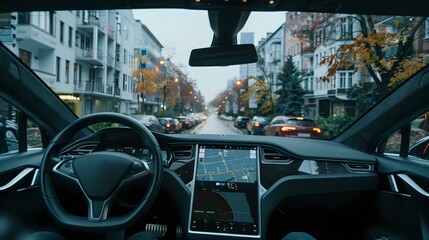 Autumn drive through the city streets. inside view of a modern car. urban commuting. lifestyle and transportation theme. AI - obrazy, fototapety, plakaty