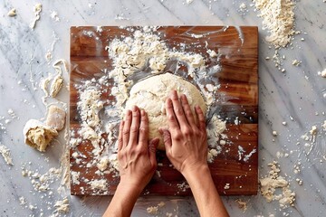 Homemade bread dough kneading. Female hands flour kneading dough. 