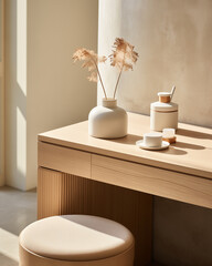 Interior of a modern living room with a round table and a vase. photo, close up detail, product photography, office desk, warm oak, fluted cream travertine, with a minimal Japanese fluffy padded stool