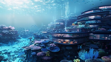 An artistic visualization of an underwater city that coexists with coral reefs using technology to enhance marine biodiversity while providing sustainable living spaces for humans