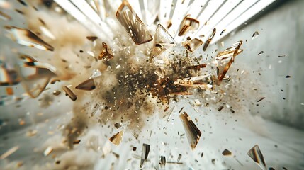 High-Speed Explosion of Gold Metal Against Concrete Wall with Flying Glass Shards