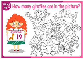 Count how many giraffes are hidden in the picture. How many objects are there in the picture? Educational game for children. Colorful cartoon characters. Funny vector illustration.