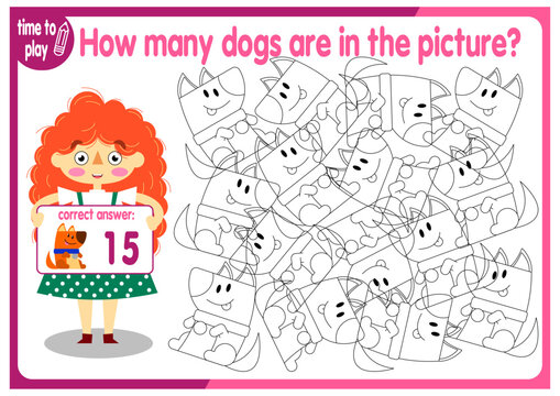 Count how many dogs are hidden in the picture. How many objects are there in the picture? Educational game for children. Colorful cartoon characters. Funny vector illustration.