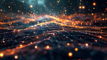 Fototapeta na wymiar Luminous 3D Quantum Strings in Dark Void - Symbolizing the Fabric of Cyberspace Technology
